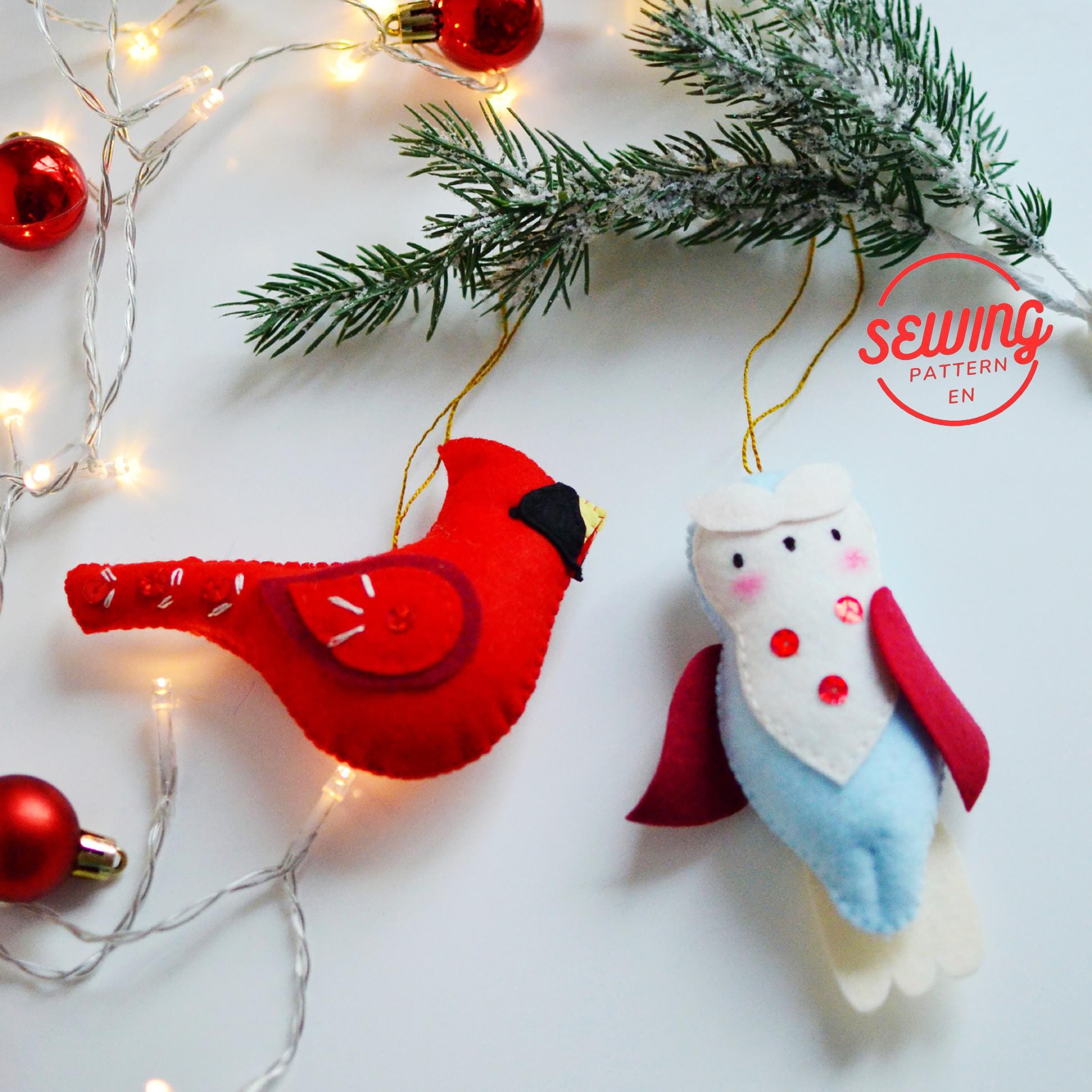 Set of Owl Ornament and Red Cardinal DIY Patterns | Christmas Tree Decor PDF Sewing Pattern