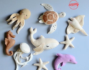 Ocean  PDF Pattern | Sea Creatures: Seahorse, Turtle, Whale, Stingray felt ornaments – DIY Felt Holiday Decoration