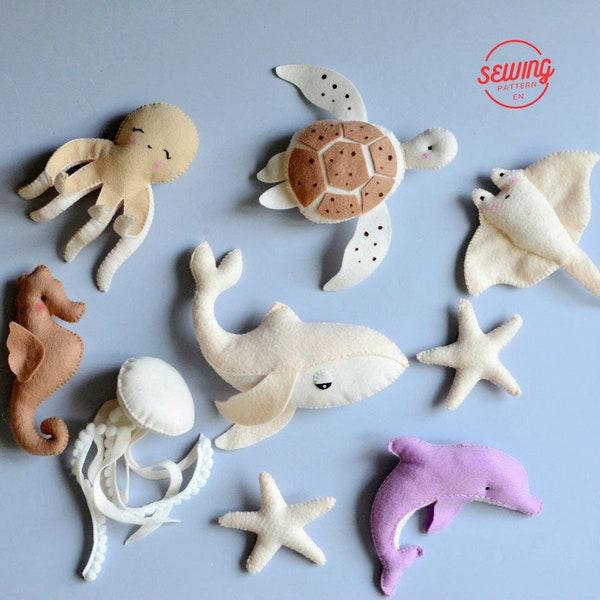 Ocean  PDF Pattern | Sea Creatures: Seahorse, Turtle, Whale, Stingray felt ornaments – DIY Felt Holiday Decoration