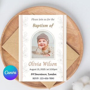 Simple baptism invitation template instant download Editable Canva template minimalist christening invite template baptism with photo