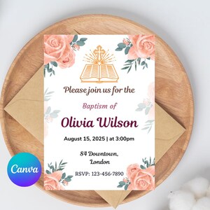 Orange rose baptism invitation template age orange Baptism & 1st Birthday Invitation Template Christening and First Birthday Printable