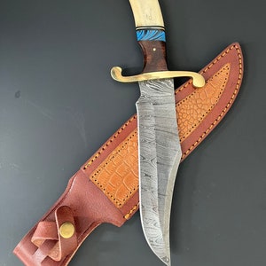 Ironclad Hunter - Bowie Hunting Knife with Brass Clip & Bone Handle | Premium Cowhide Leather Sheath