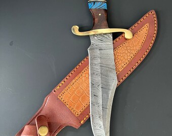 Handmade Damascus Bowie Hunting Knife: Bone Handle, Leather Sheath