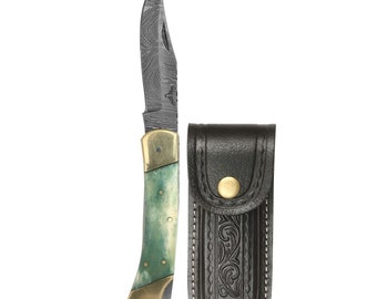 Damascus Folding Pocket Knife: Bone Handle, Leather Sheath
