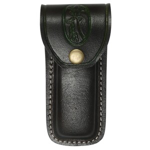 May include: A black leather knife sheath with a green embossed design of a tree and a deer. The sheath has a brown stitched border and a gold button.