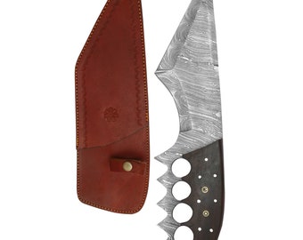 DAMASCEN KNIVES Four-fingered Medieval Style Wood Handle Genuine Leather Sheath