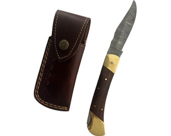 Handcrafted Damascus Blade Folding Knife with Double Brass Bolster and Wood Handle