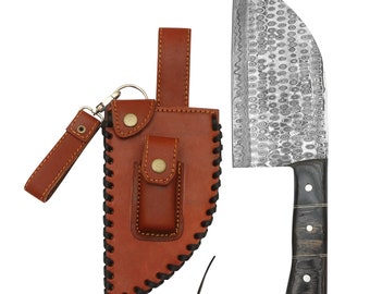 Damascus Steel Cleaver Knife: Viking Kitchen Knife with Leather Sheath