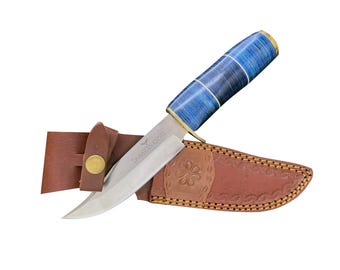 Handcrafted Damascus Hunting Knife: Wood Handle, Leather Sheath