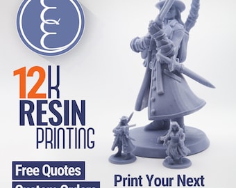 May include: A 3D printed miniature of a fantasy character holding a gun and a sword. The miniature is grey and stands on a round base. The image also includes text that says "12K Resin Printing", "Free Quotes", "Custom Orders", and "Print Your Next Adventure".