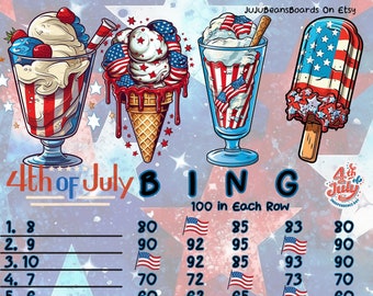 100 planches de bingo en ligne du 4 juillet, 15 lignes du PP, 100 par rangée