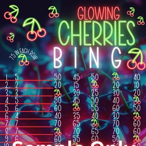 Glowing Cherries 75 PYP WTA 15 Line Bingo Board, 75 In Each Row