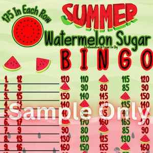 Watermelon 175 WTA 15 Line Bingo Board, 175 In Each Row