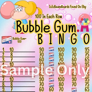 Bubble Gum 15 Line Bingo Board, 100 In Each Row, Summer Bingo
