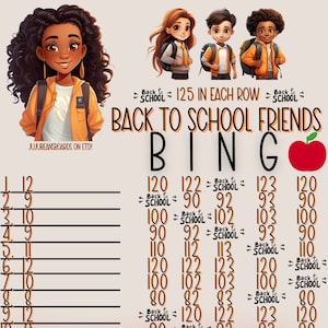 125 PYP Back To School Friends 15 Line Bingo Board, 125 In Each Row