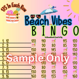 Beach Vibes 175 WTA 15 Line Bingo Board, 175 In Each Row, Summer Bingo