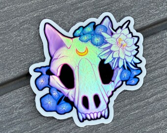 Holographic Wolf Skull Sticker – Gothic Floral Moon Decal – Witchy Vinyl Art