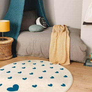 Tapis de décoration rond coeur bleu - chambre enfant - bébé - 130 cm