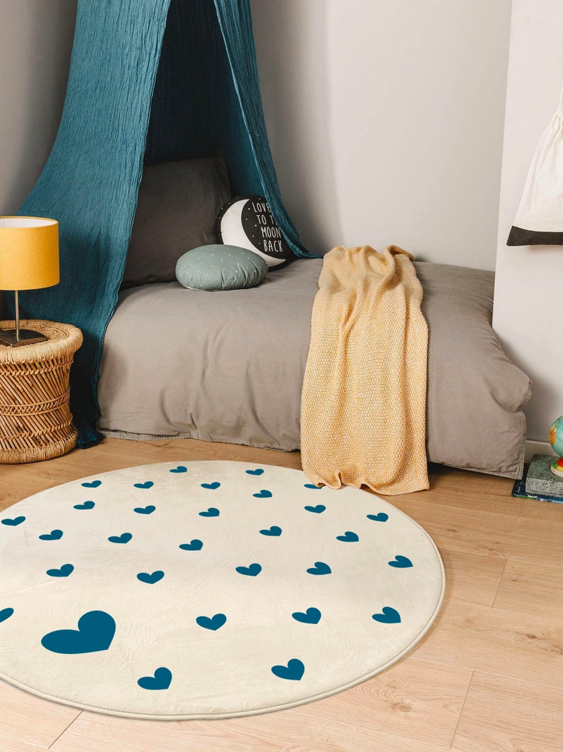 Tapis de décoration rond coeur bleu - chambre enfant - bébé - 130 cm