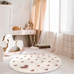 Tapis de décoration rond coeur marron - chambre enfant - bébé - 130 cm