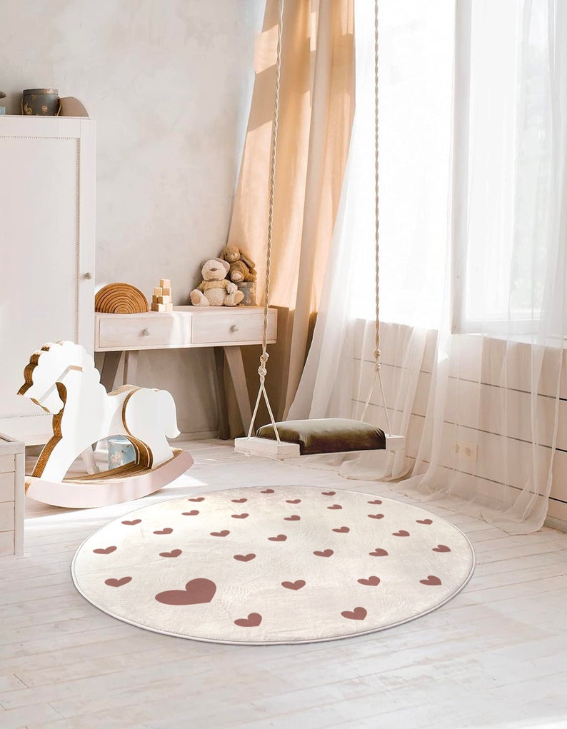 Tapis de décoration rond coeur marron - chambre enfant - bébé - 130 cm