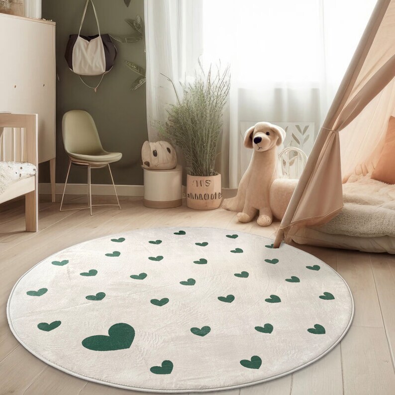 Tapis de décoration rond coeur vert - chambre enfant - bébé - 130 cm