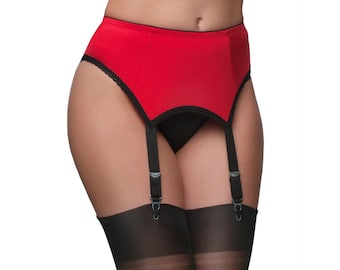 Classic 4 Strap All Plain Red-Black Satin Suspender Belt with Metal Clasps and Adjusters