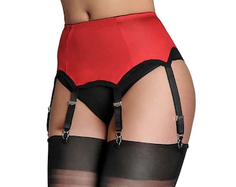 Red Satin Suspender Belt 6 Strap All Plain Vintage Style  - Metal Clips and Adjusters - Gender Neutral