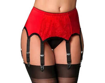 8 Strap Retro Front Lace Panel Red-Black Suspender Belt with Metal Clasps - Vintage Style Lingerie