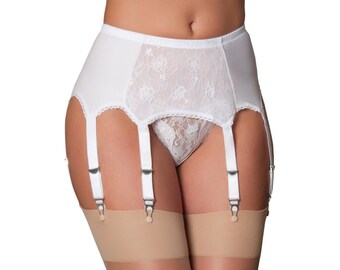 8 Strap Retro Front Lace Panel White Suspender Belt with Metal Clasps - Vintage Style Lingerie