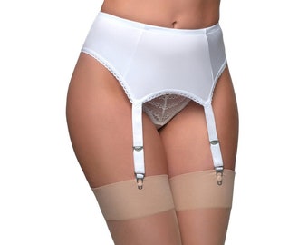 Classic 4 Strap All Plain White Satin Suspender Belt with Metal Clasps and Adjusters