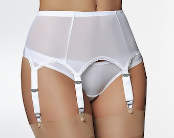 Sheer Power Mesh White Garter Belt - Vintage-Inspired 6 Strap, Gender-Friendly Design, Made in UK