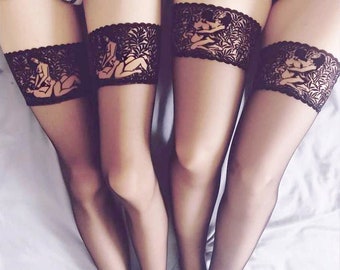 Sensual Sex Position Design Black Matt Sheer Hold-up Stockings