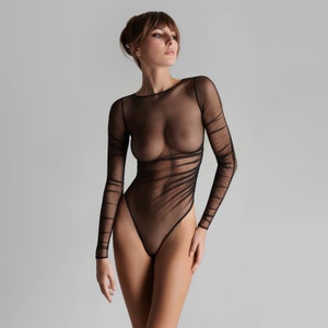 Long Sleeves Transparent Tulle High-end Black High-cut Thong Bodysuit - Premium Quality