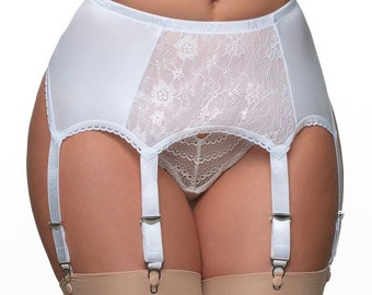 Vintage Style White 6 Strap Garter Belt - Front Lace Panel - Gender-Neutral Design