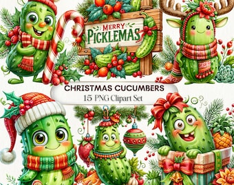 May include: A digital clipart set featuring green cartoon cucumbers in Christmas attire, including Santa hats, scarves, and reindeer antlers. The collection includes a wooden sign with the text Merry Picklemas, Christmas ornaments, and gift boxes.