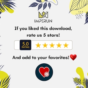 May include: A graphic with the text "IMPERUN" and the message "If you liked this download, rate us 5 stars!" A rating of 5.0 is displayed with five gold stars. A red heart icon is also present.