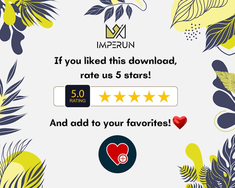 May include: A graphic with the text "IMPERUN" and the message "If you liked this download, rate us 5 stars!" A rating of 5.0 is displayed with five gold stars. A red heart icon is also present.
