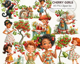 Cherry Girls Clipart PNG, Cottagecore Kids Summer Fruit Picking (Digital Download)