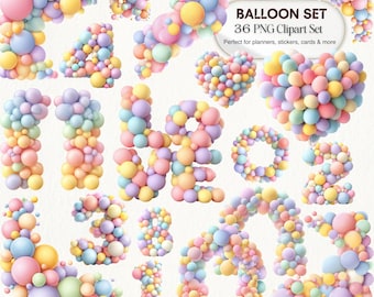 Pastel Balloon Numbers Clipart PNG, Printable Decor for Birthday and Anniversaries