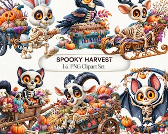May include: A digital collection titled SPOOKY HARVEST 14 PNG Clipart Set featuring cartoon skeleton animals including a rabbit, crow, deer, cat, goat, and bat, all surrounded by pumpkins, autumn leaves, wooden carts, and ornate sleds.