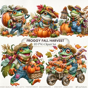 Könnte beinhalten: Ein digitales Clipart-Set mit dem Titel FROGGY FALL HARVEST 10 PNG Clipart Set, das fünf Illustrationen von grünen Fröschen mit Strohhüten und karierten Schals zeigt. Die Frösche sind mit Kürbissen, einer Laterne und einem Wagen abgebildet.