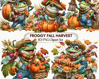 May include: A digital clipart set titled FROGGY FALL HARVEST 10 PNG Clipart Set featuring five illustrations of green frogs wearing straw hats and plaid scarves. The frogs are depicted with pumpkins, a lantern, a basket of vegetables, and a wooden cart.