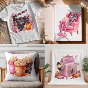 May include: A collection of Halloween-themed items. Includes a white t-shirt with a movie clapper design, a book with a skeleton in a pink chair, a pillow with popcorn buckets, and a pink camera blanket. Pumpkins and ghosts are also featured.
