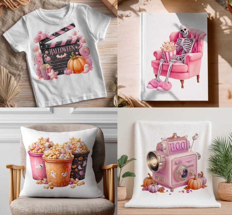 May include: A collection of Halloween-themed items. Includes a white t-shirt with a movie clapper design, a book with a skeleton in a pink chair, a pillow with popcorn buckets, and a pink camera blanket. Pumpkins and ghosts are also featured.