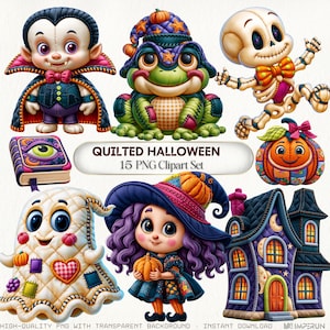 Op de afbeelding: Een digitale collectie van 15 Quilted Halloween PNG-clipartafbeeldingen met een vampier, een kikker met een sterrenhoed, een skelet, een spreukenboek met een oog, een pompoen, een gewatteerde geest, een heks en een paars spookhuis.