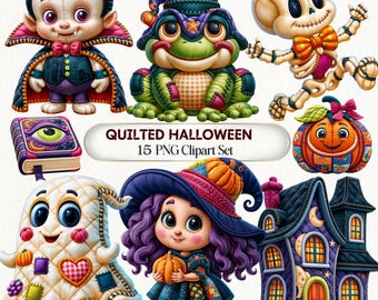May include: A digital collection of 15 Quilted Halloween PNG clipart images featuring a vampire, a frog in a star hat, a skeleton, a spellbook with an eye, a pumpkin, a quilted ghost, a witch with purple hair, and a purple haunted house.