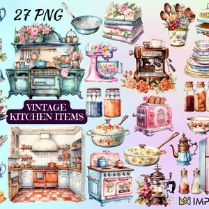 Vintage Kitchen Watercolor Clipart: Utensils & Decor (PNG Digital)
