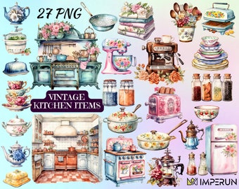 Vintage Kitchen Watercolor Clipart: Utensils  Decor (PNG Digital)