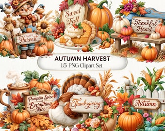 May include: A digital clipart set featuring autumn harvest themes including a scarecrow with a Happy Harvest sign, a slice of pumpkin pie, a turkey, pumpkins, corn, and wooden signs with text like Sweet Fall, Thankful Heart, and Thanksgiving.